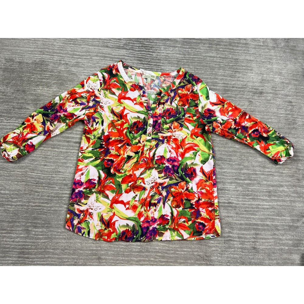 Palm Harbour Blouse Womens L Multicolor Floral Rayon Roll Tab Sleeve Tunic Top